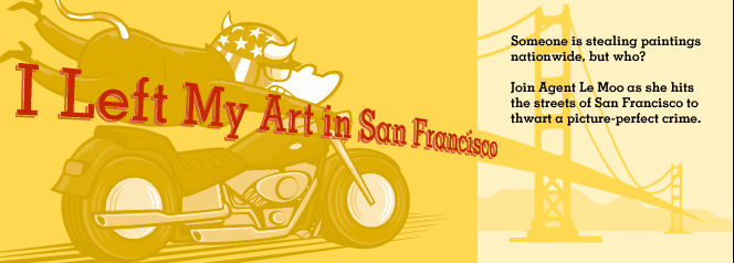 Action scene of Le Moo speeding through San Francisco on a motorcycle