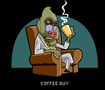 Coffee Guy in his chair holding a steaming mug