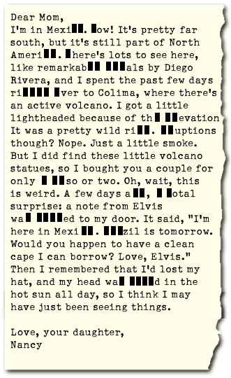 A typed personal letter with some letters blacked out