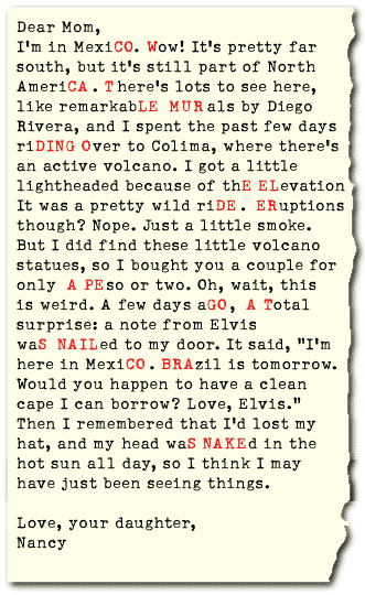 A typed personal letter with some letters colored red to reveal the names of animals