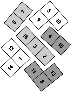 Six puzzle pieces with numbers inside square segments