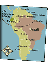 Map of South America, with a line connecting the Galapagos Islands and Belem, Brazil