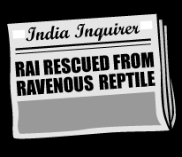 Newspaper headline: RAI RESCUED FROM RAVENOUS REPTILE